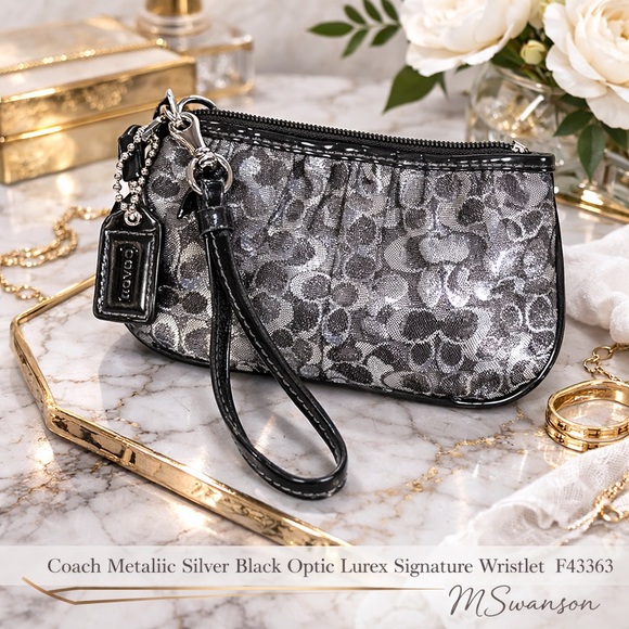 Coach Handbags - Coach Metallic Silver Black Optic Lurex Signature Small Zipper Wristlet F43363
